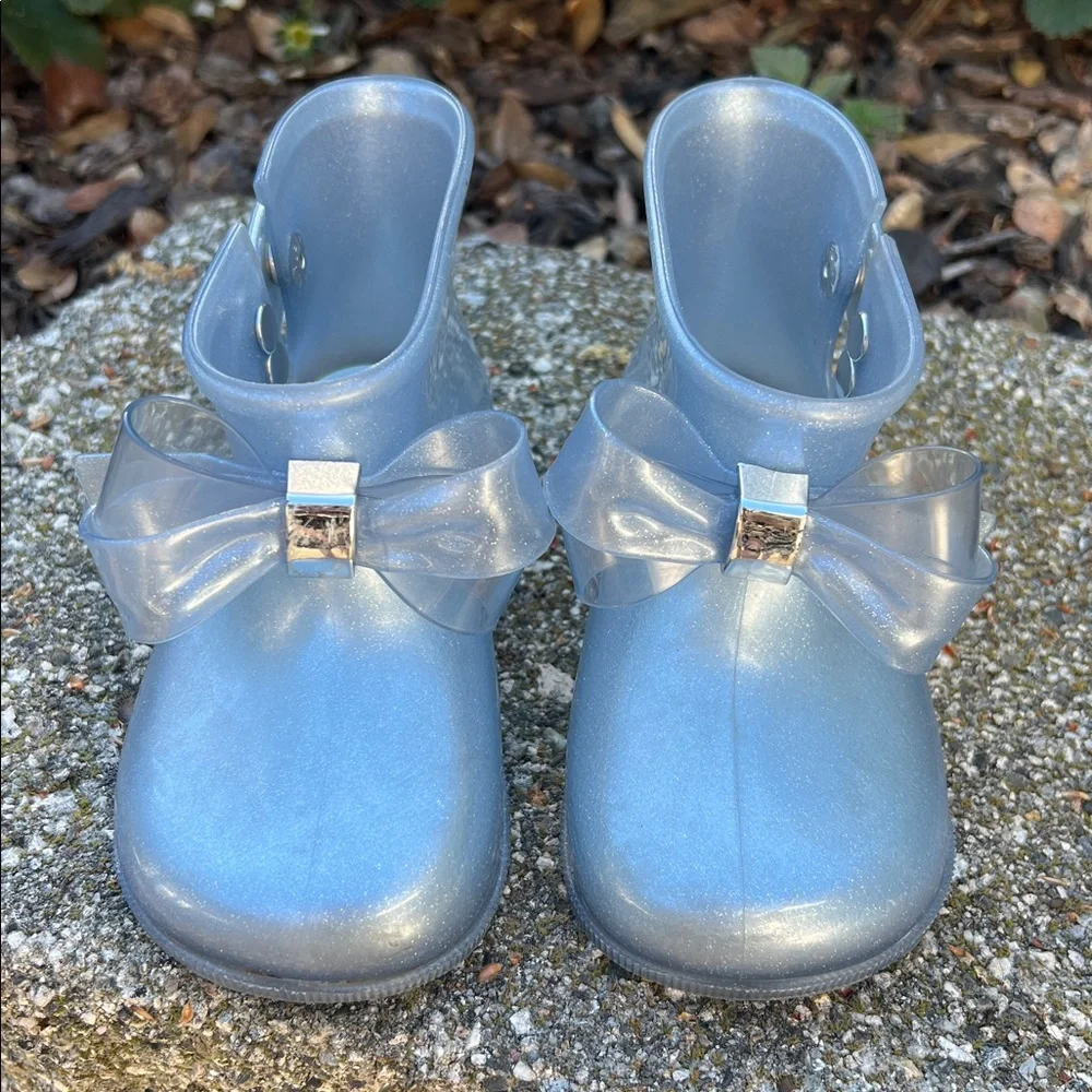 Mini Melissa Light Blue Glitter Bow Rain Booties